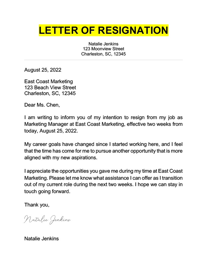 resignation letter
